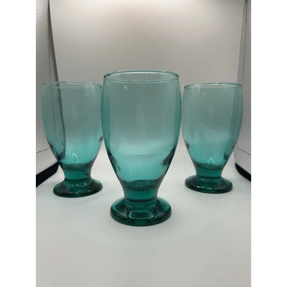 Cristar Turquoise Water Glasses Goblets Footed Hand Blown 10 Oz Set of 3
